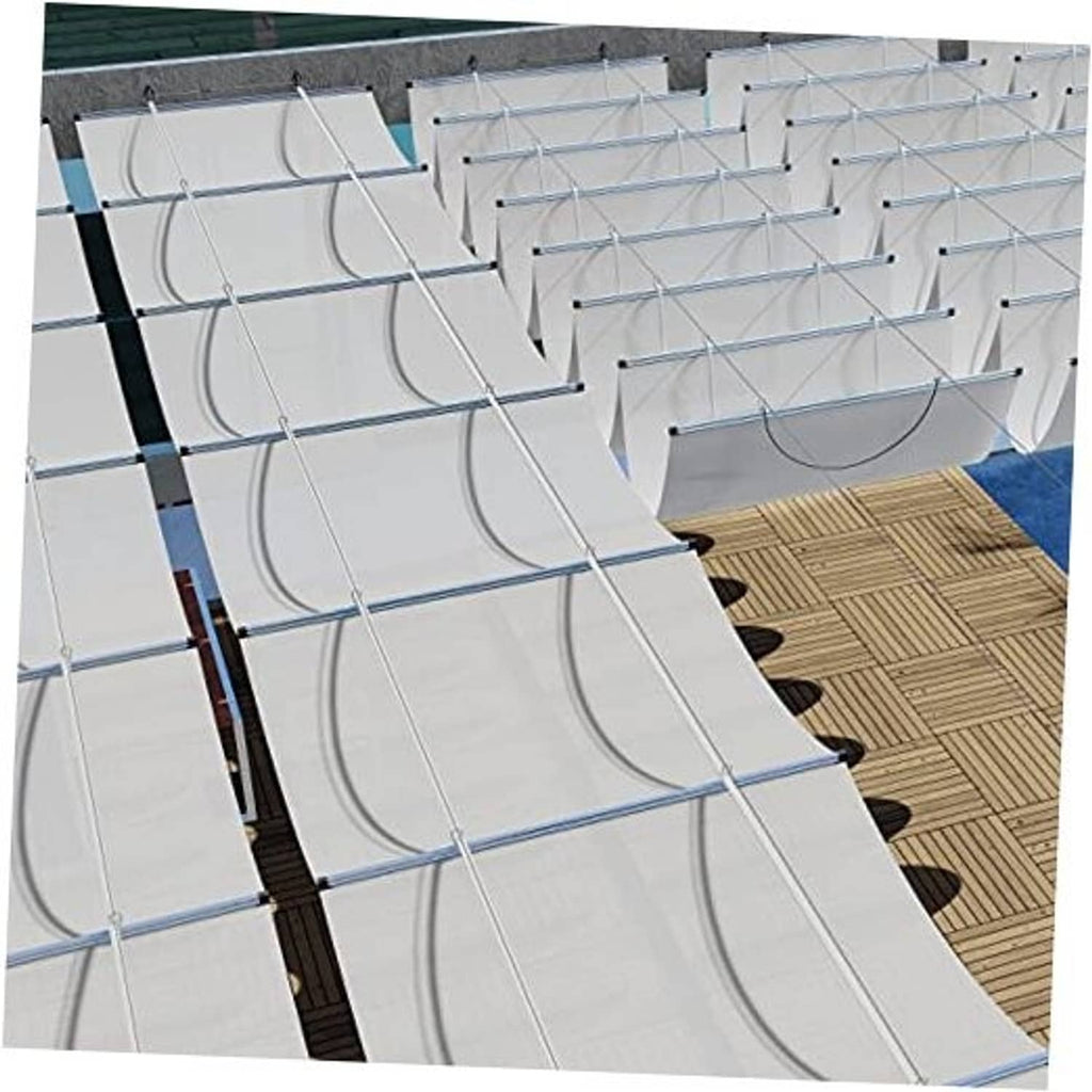 White wave-shaped retractable pergola shade canopy panels with metal support rods