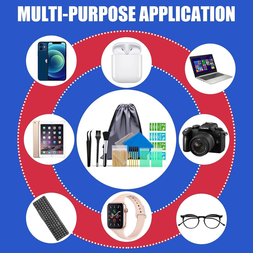 Multi-purpose electronics cleaning kit with brushes, swabs, and storage bag