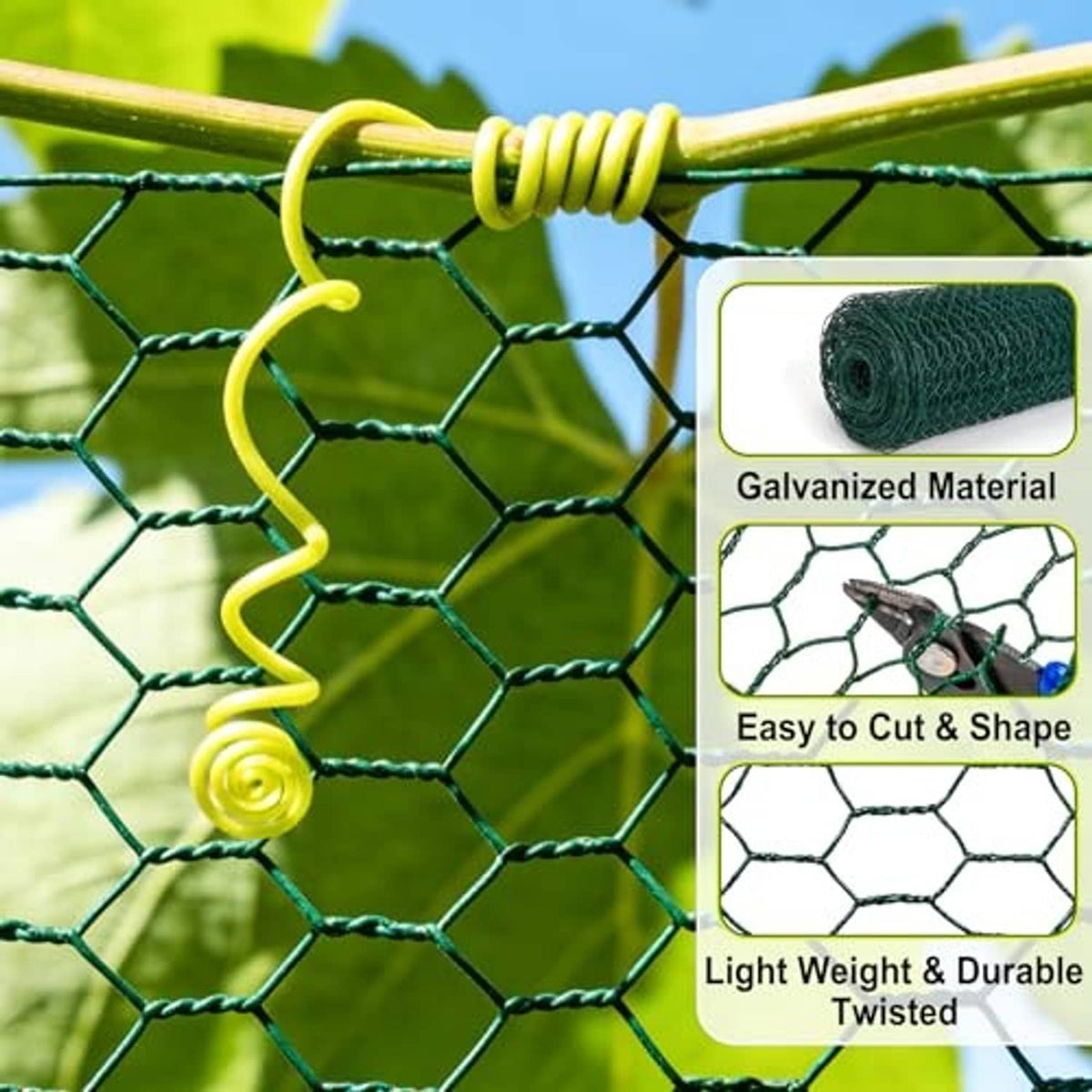 Green chicken wire netting close-up showing twisted hexagonal mesh and flexible shape
