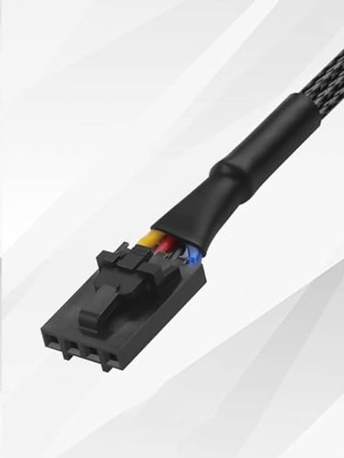 Close-up of black 4-pin locking connector on a braided fan adapter cable
