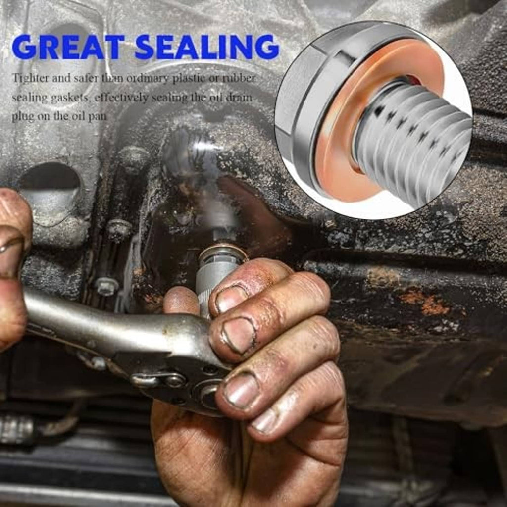Copper oil drain plug crush washer shown beside threaded drain bolt