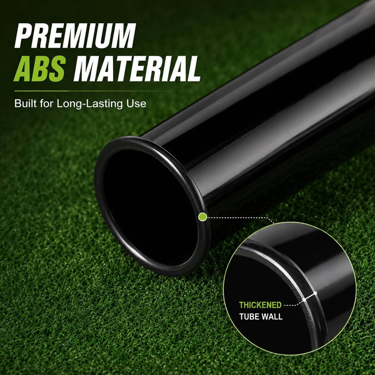 Black plastic golf club tube with thickened wall and rounded end opening