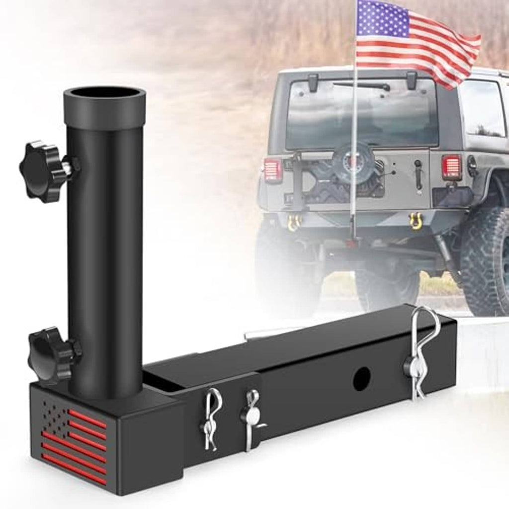 Black trailer hitch flagpole mount with upright pole tube and mounting clamps
