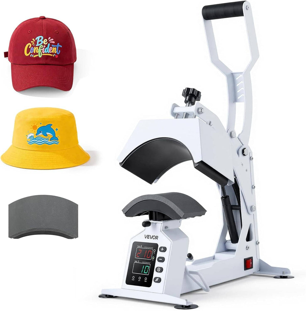 Hat heat press machine kit with red and yellow caps and interchangeable curved platens
