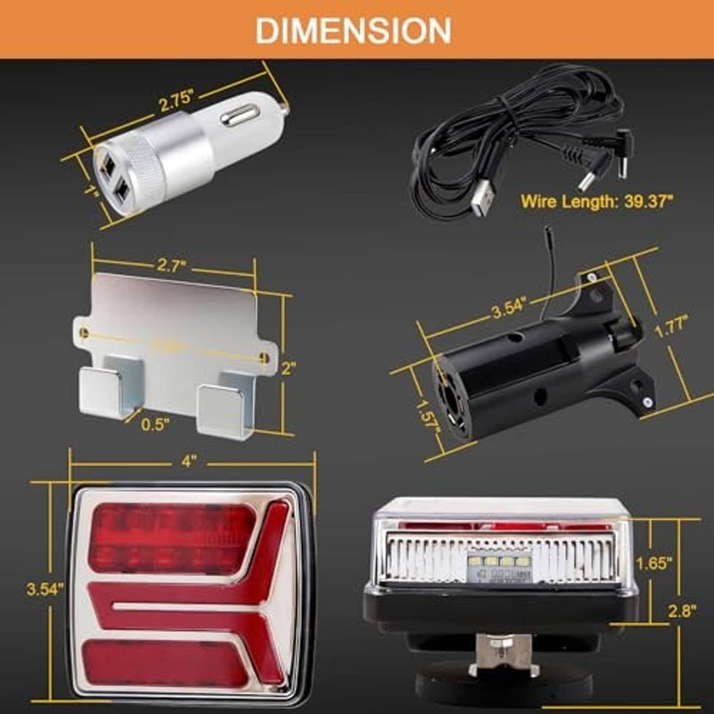 Trailer LED light kit with charging plug, wire harness, and size dimension diagrams