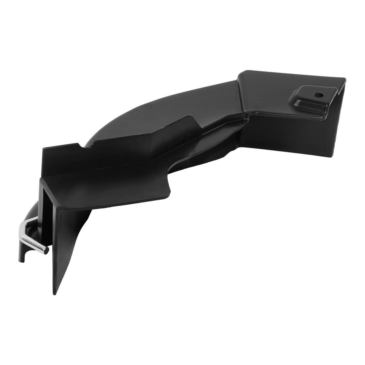 Black mulching deck blade with side bracket and curved discharge deflector