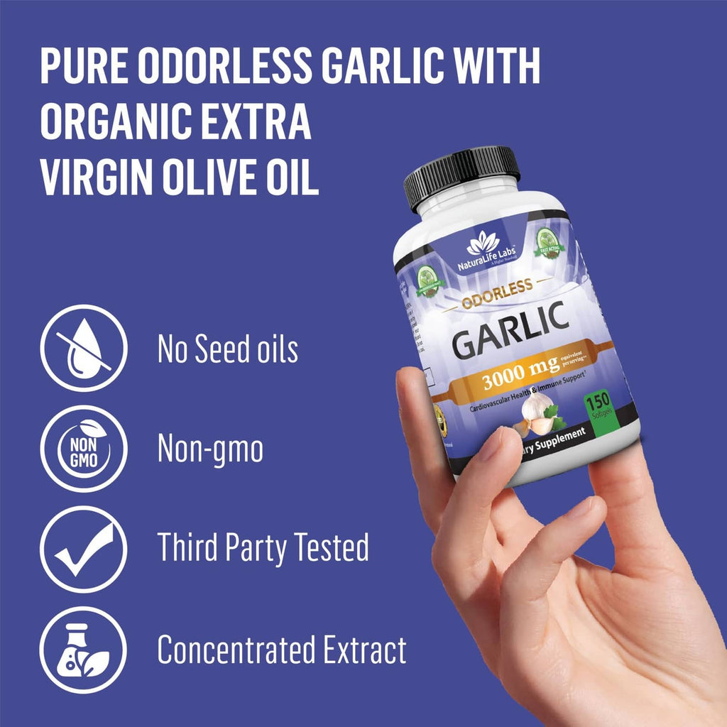 Hand holding odorless garlic bottle: organic extra virgin olive oil, non-GMO