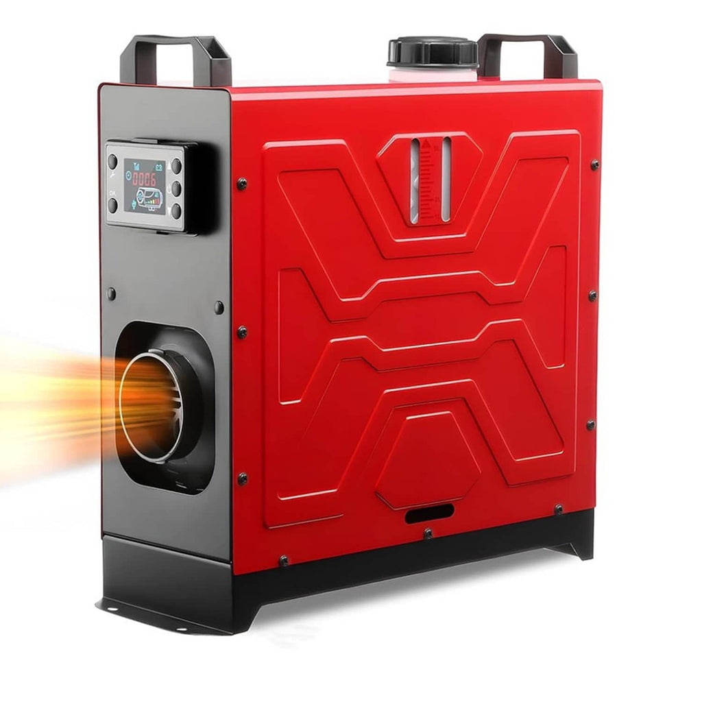 Red and black diesel air heater with side control panel, three-quarter view