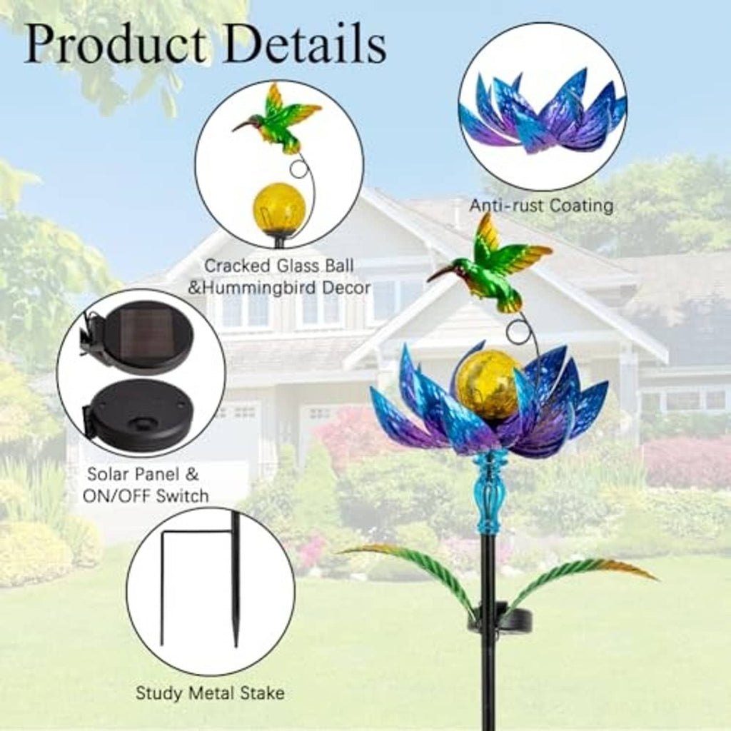 Solar wind spinner details diagram: cracked glass ball, anti-rust coating, solar switch and stake