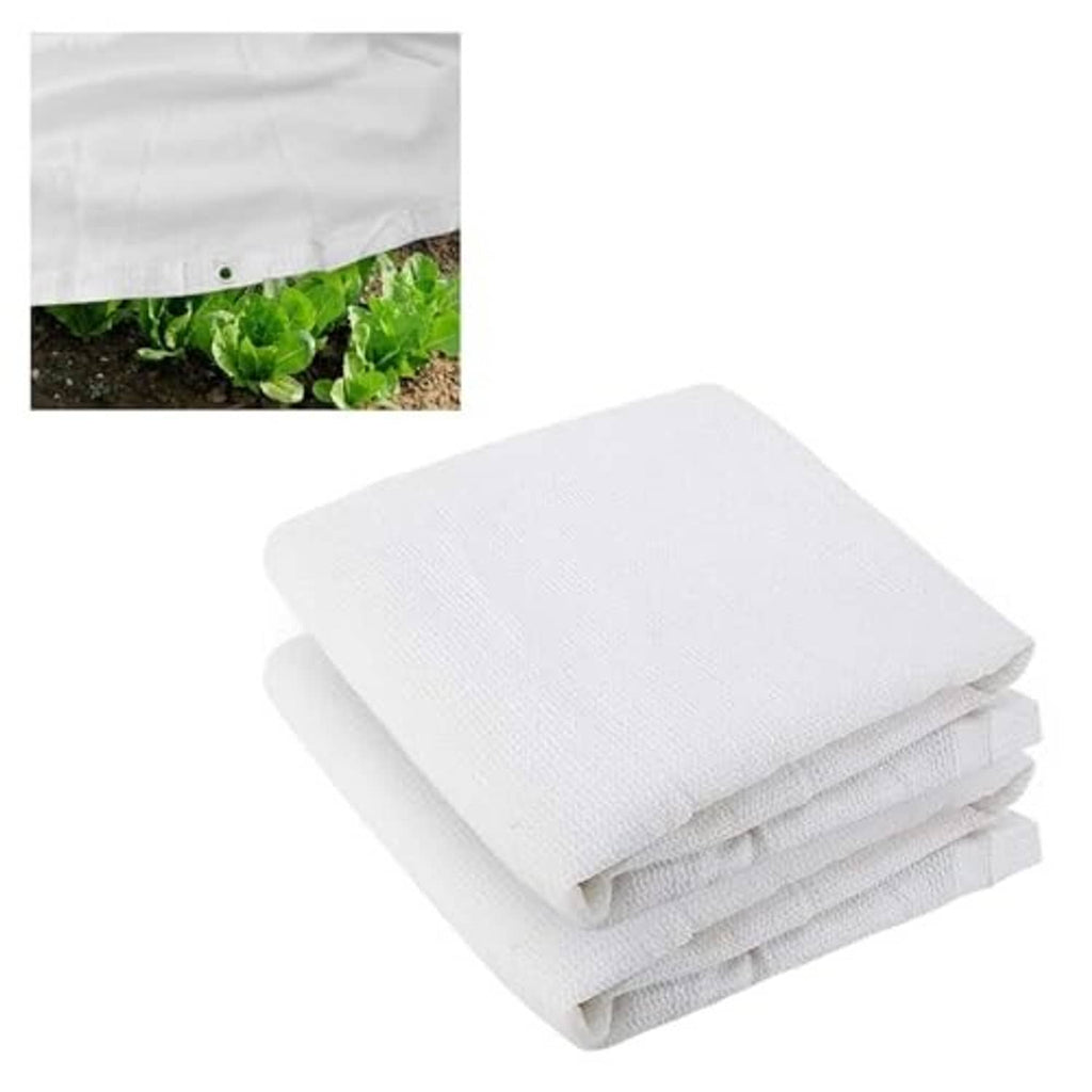 White shade cloth rolls and folds, textured fabric for outdoor plant shade