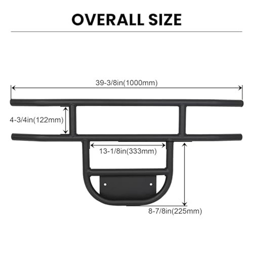 Black tubular front brush guard bumper size diagram with curved grille guard