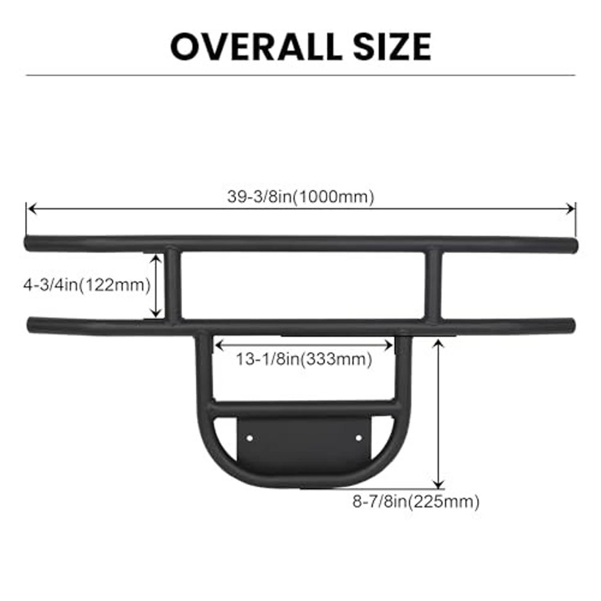 Black tubular front brush guard bumper size diagram with curved grille guard