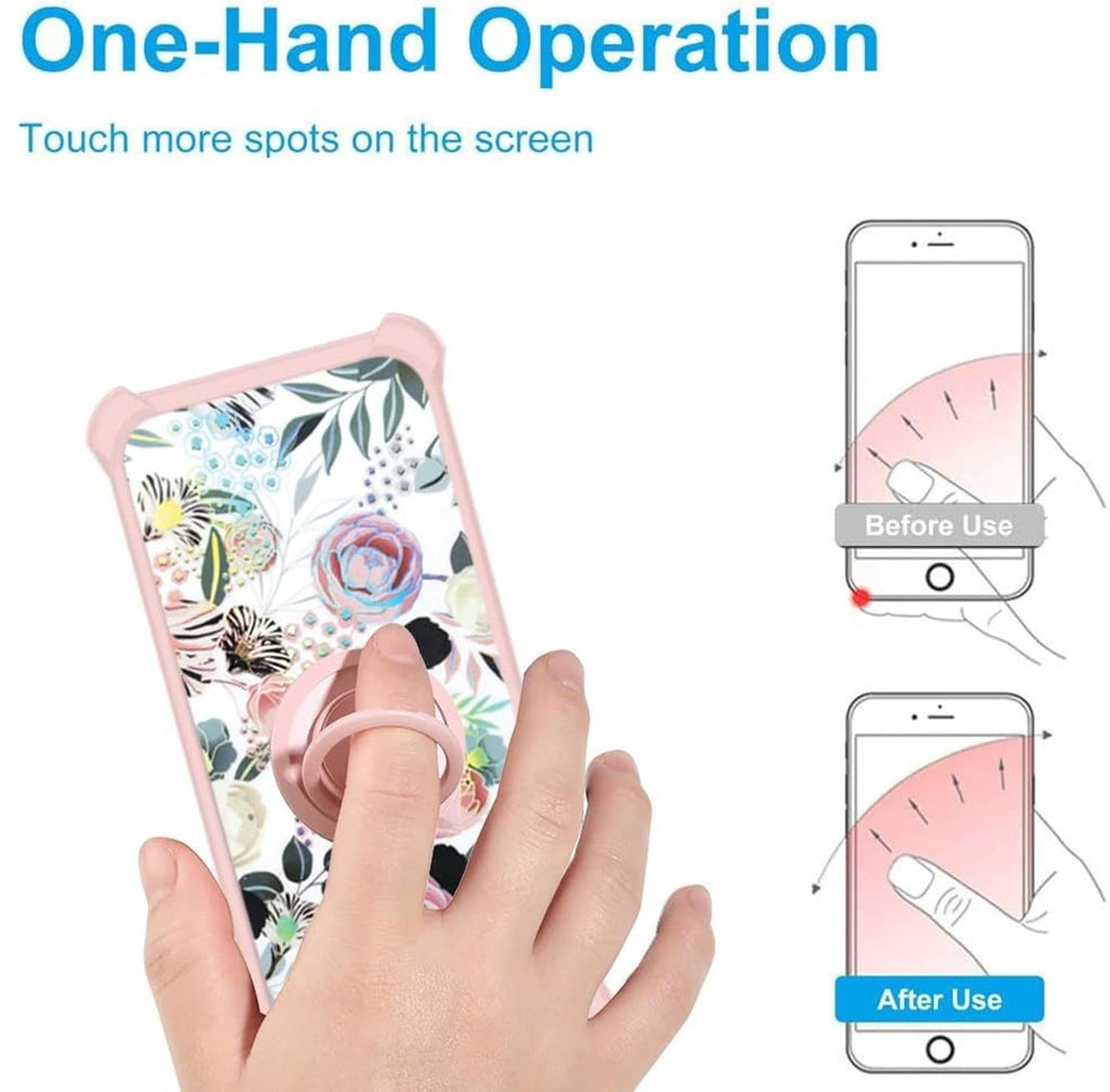 Pink floral phone case with ring grip; one-hand touch screen operation