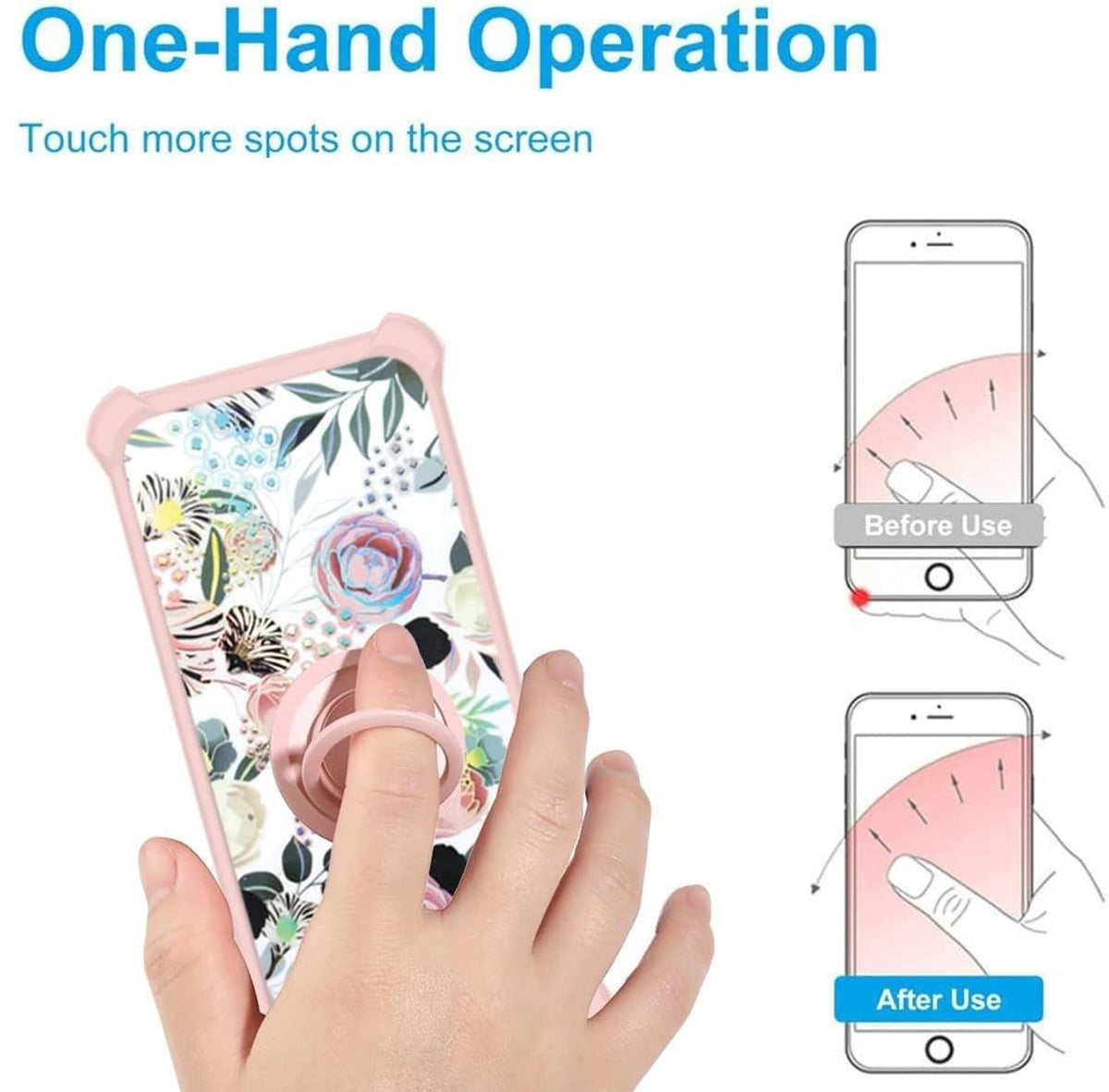 Pink floral phone case with ring grip; one-hand touch screen operation