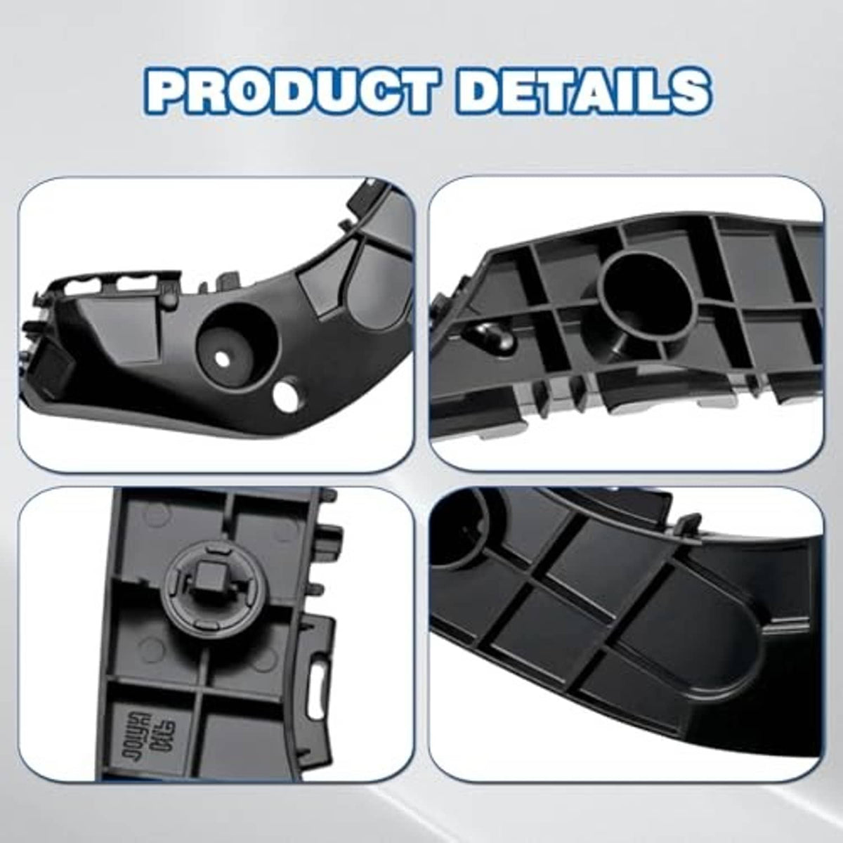 Black plastic bumper bracket pair, close-up of circular mounts, tabs, and connector holes