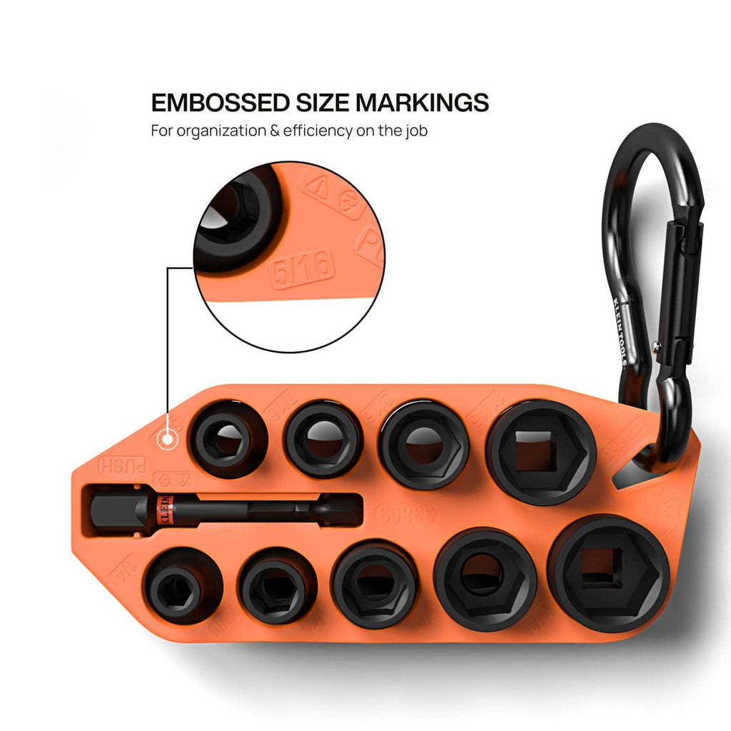Impact socket tray with embossed size markings and multiple black sockets