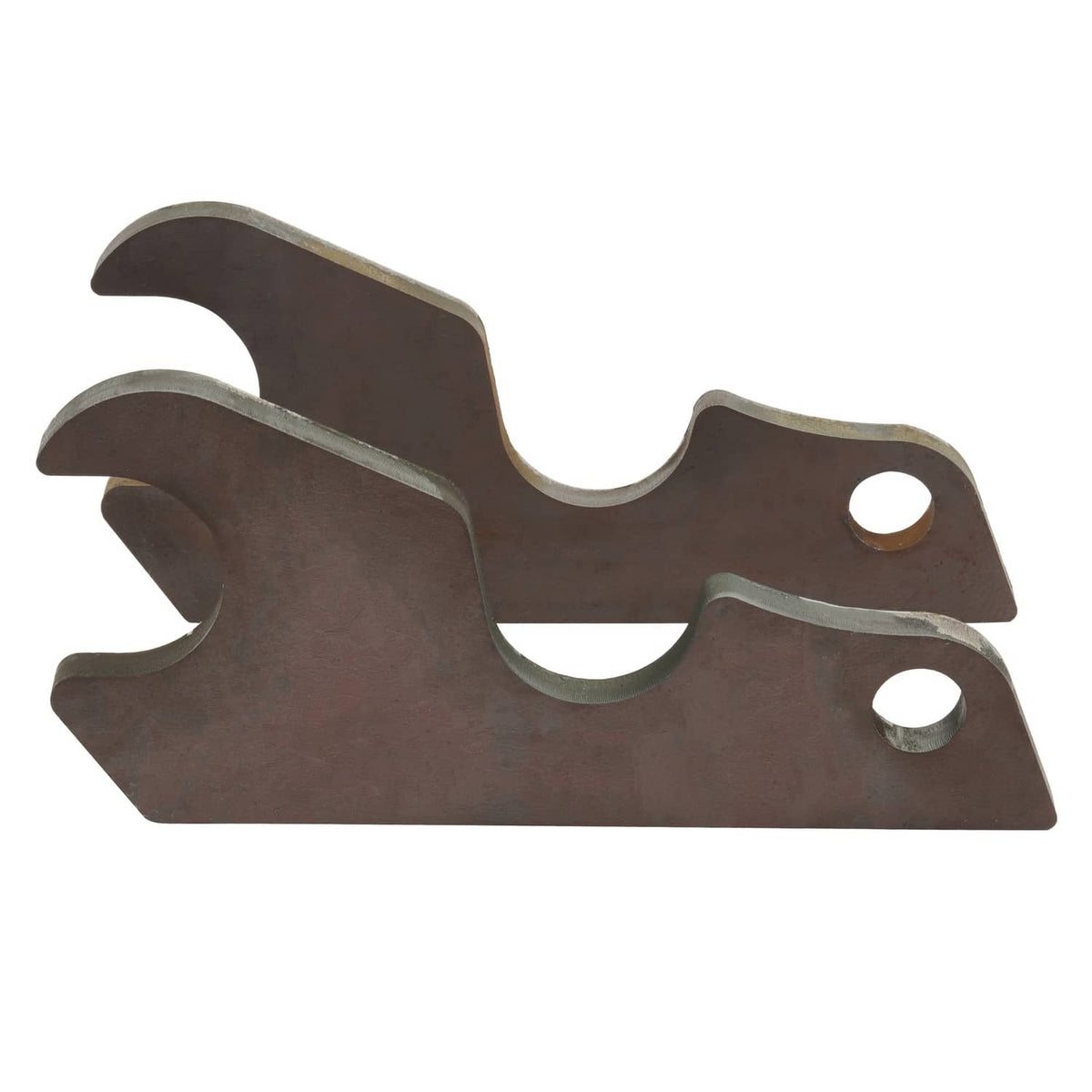 Quick-attach bucket ears bracket with two round pin holes, brown steel with silver edges