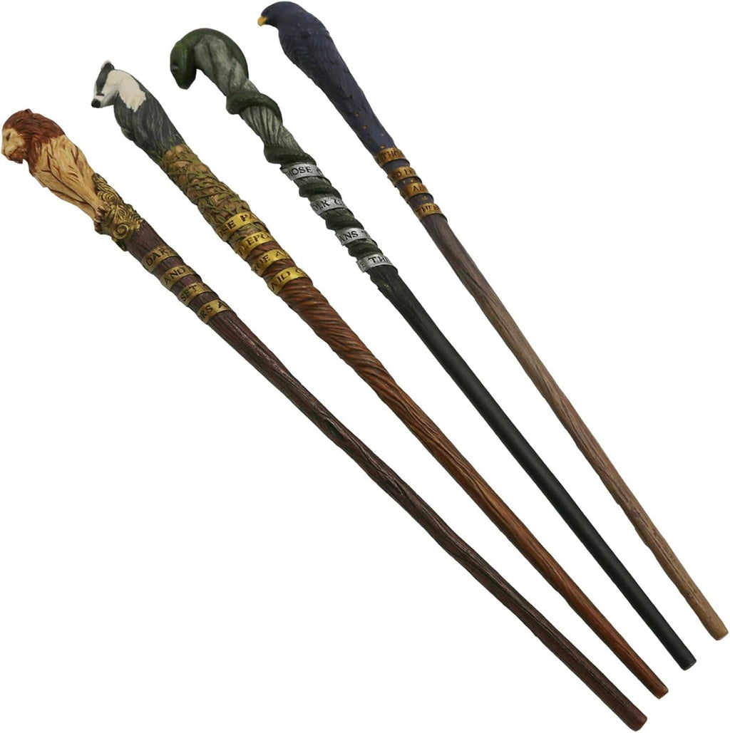 Four collectible wands with detailed handles and engraved bands in dark wood tones