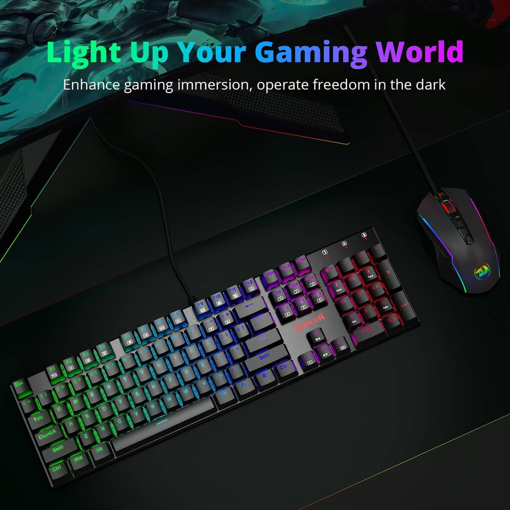 RGB gaming keyboard with navy-blue and black keycaps, red switch lighting, wired