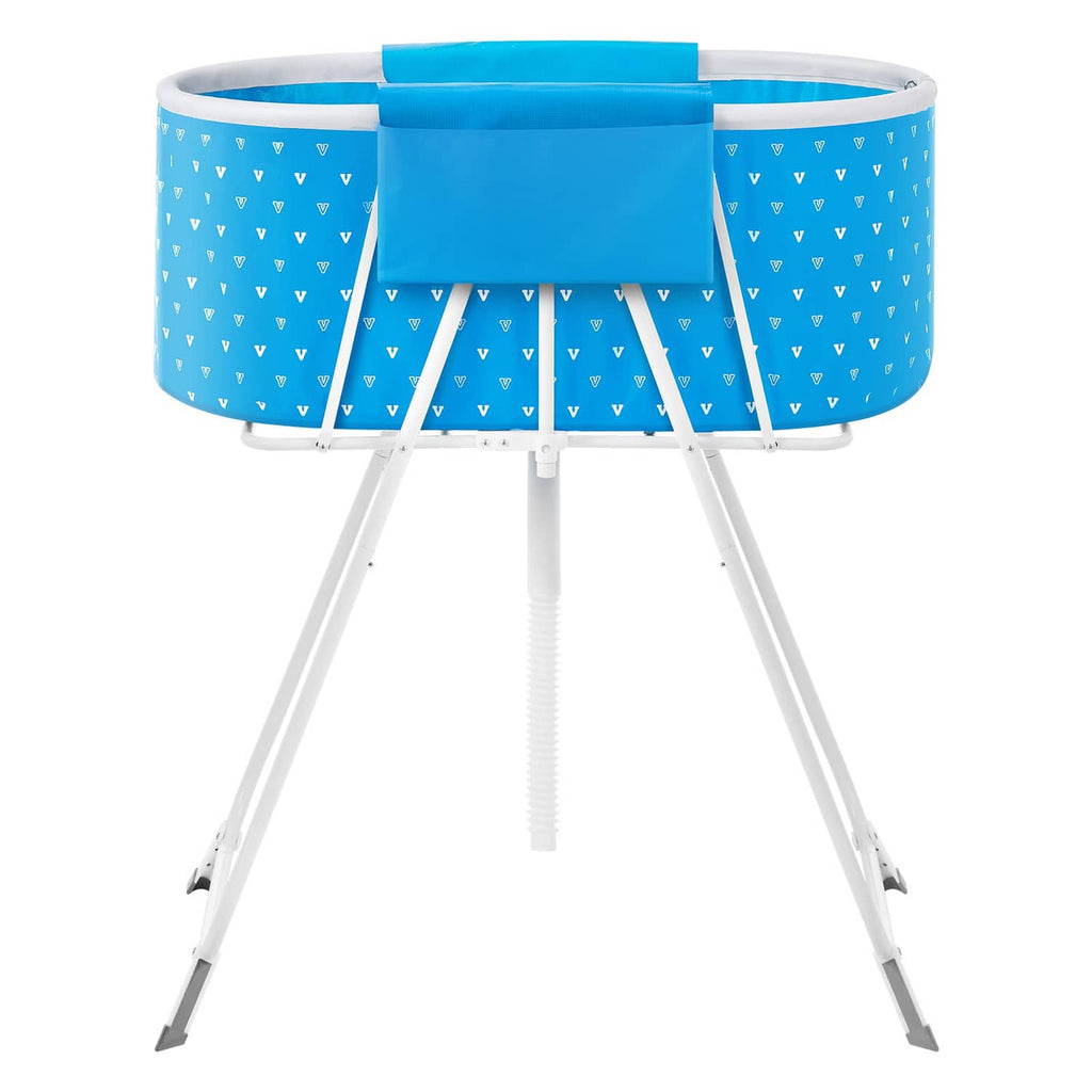 Blue fabric dog bathtub with blue side guard and white tripod stand legs