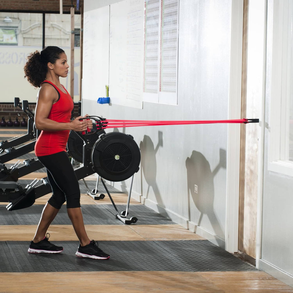 Door anchor used with exercise resistance bar connected to door