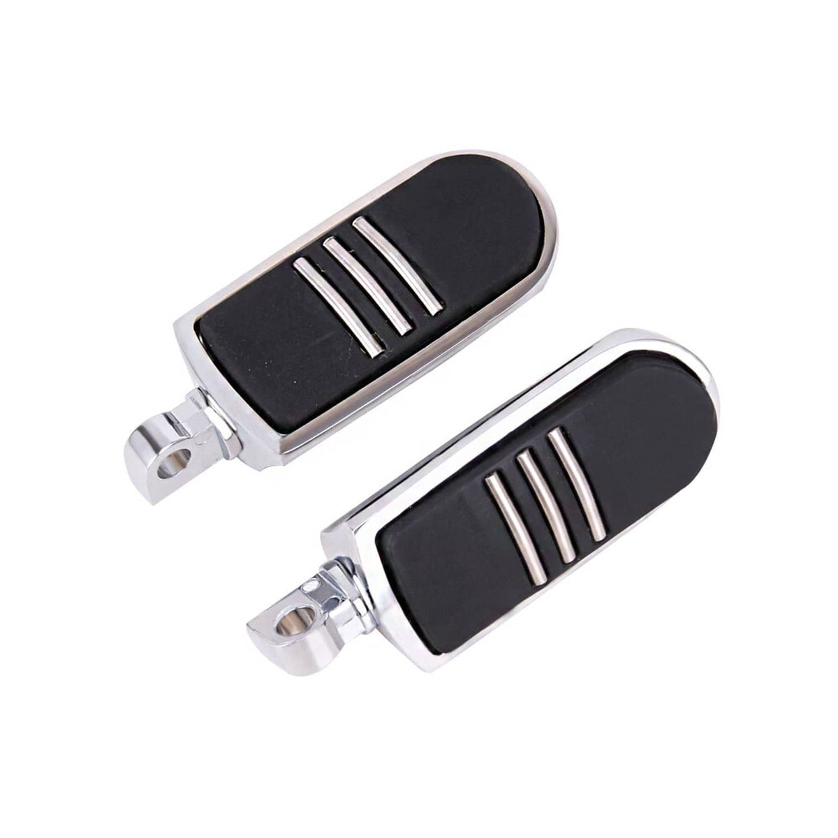 Pair of motorcycle foot pegs with chrome brackets and black grooved rubber pads