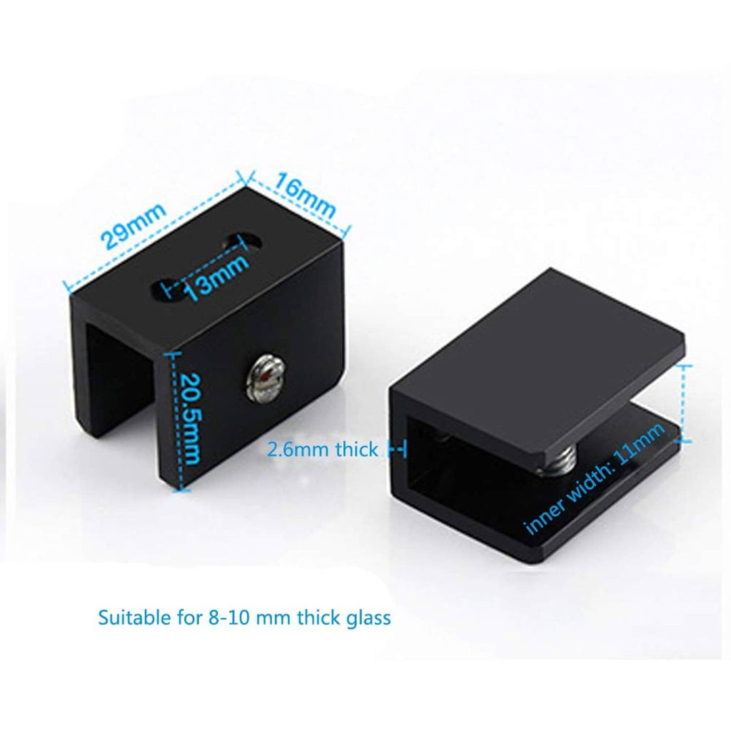 Black square glass shelf clamp clip with screw insert, dimension view