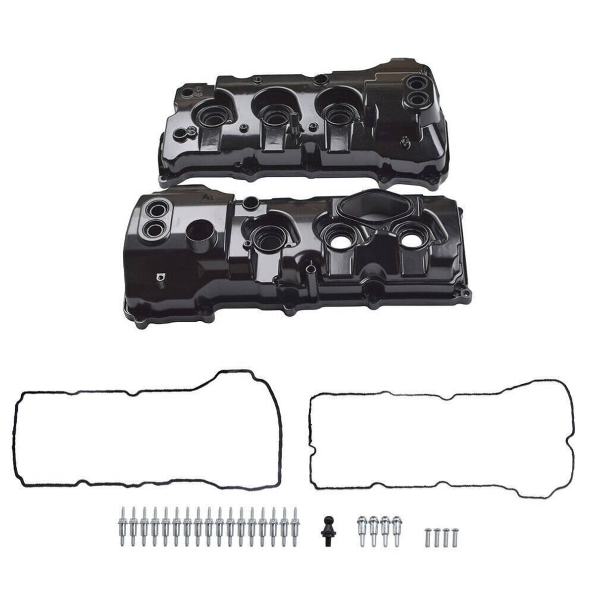 Black valve cover set with gaskets and bolts for engine mounting
