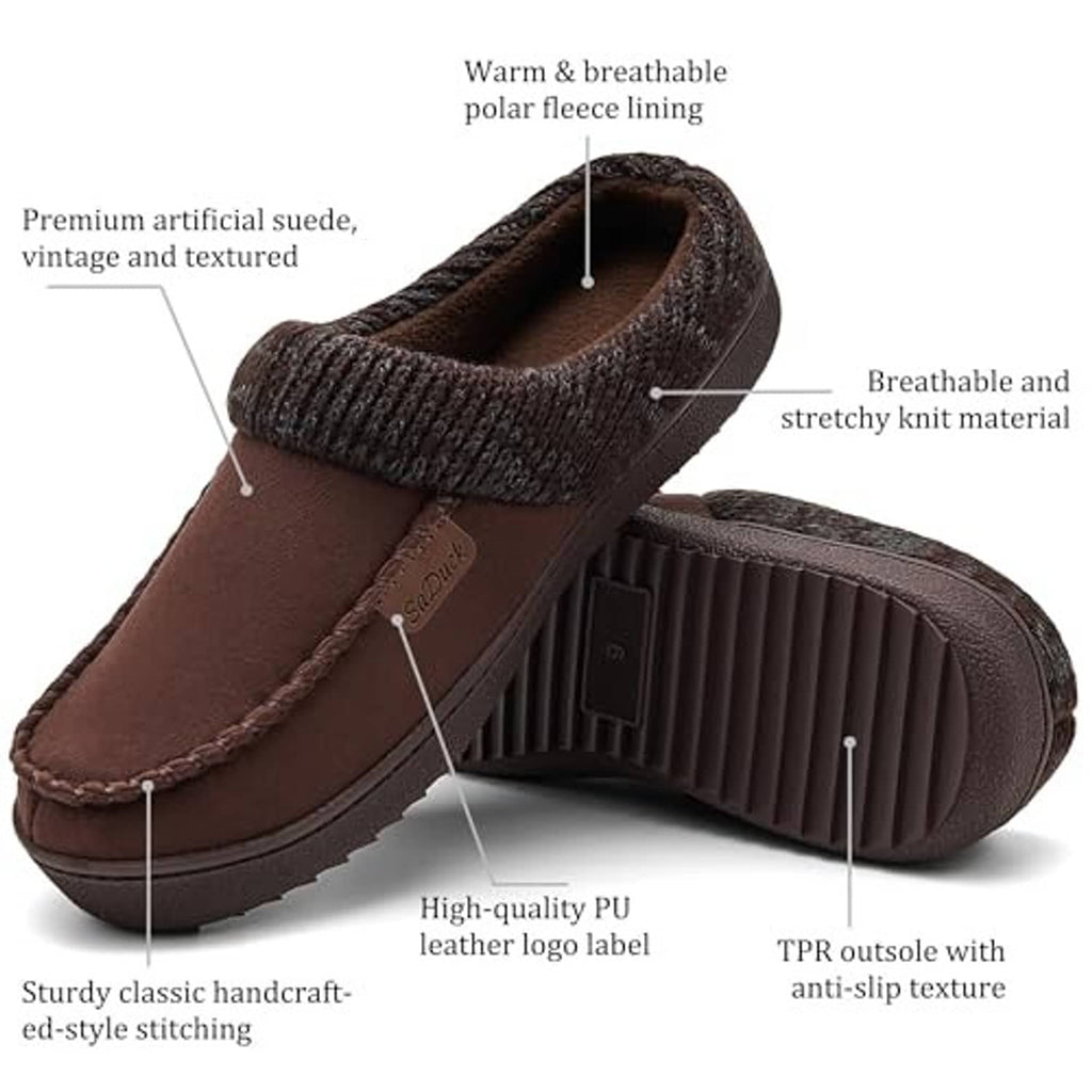 Close-up of brown moccasin clog slippers with dark knit top and grippy textured outsole