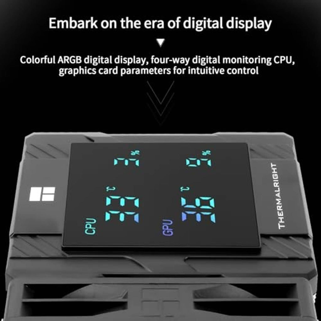 Black CPU cooler top digital ARGB display showing blue and purple patterns