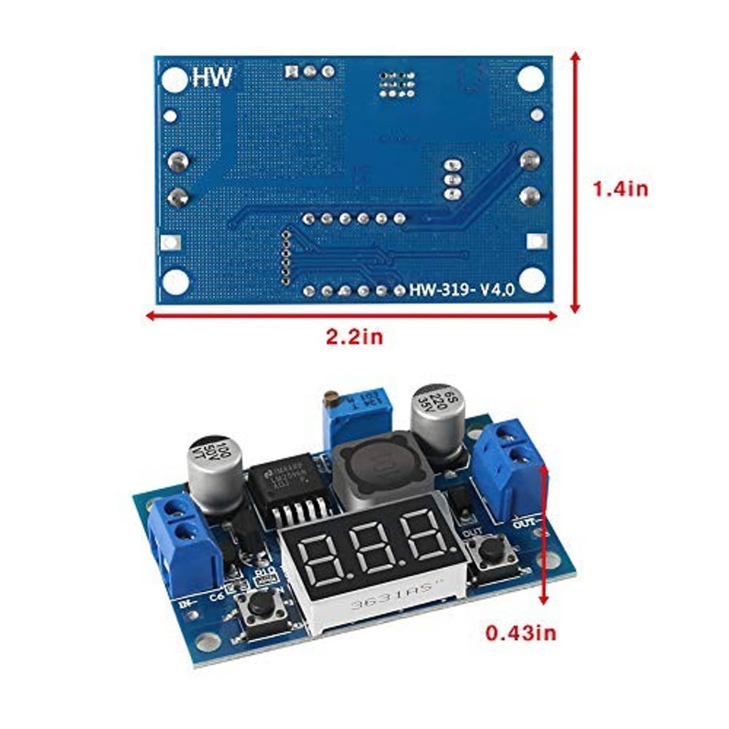 LM2596 adjustable buck converter PCB with blue terminal blocks and red 3-digit voltmeter display