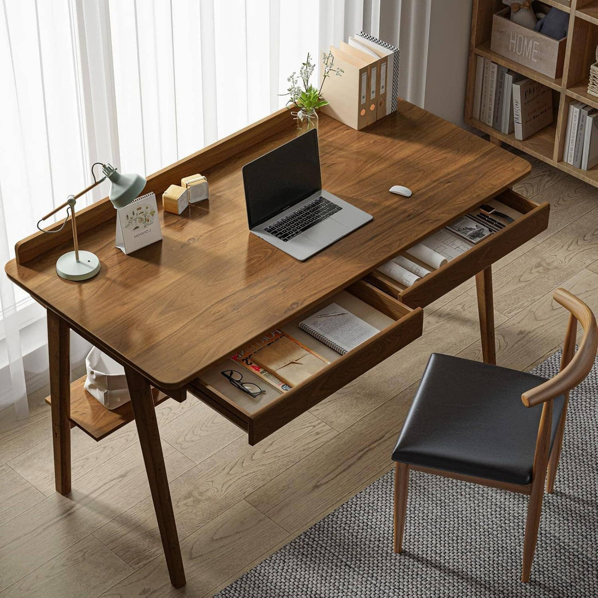 Wood grain contact paper applied to a tabletop and drawers in a home office desk