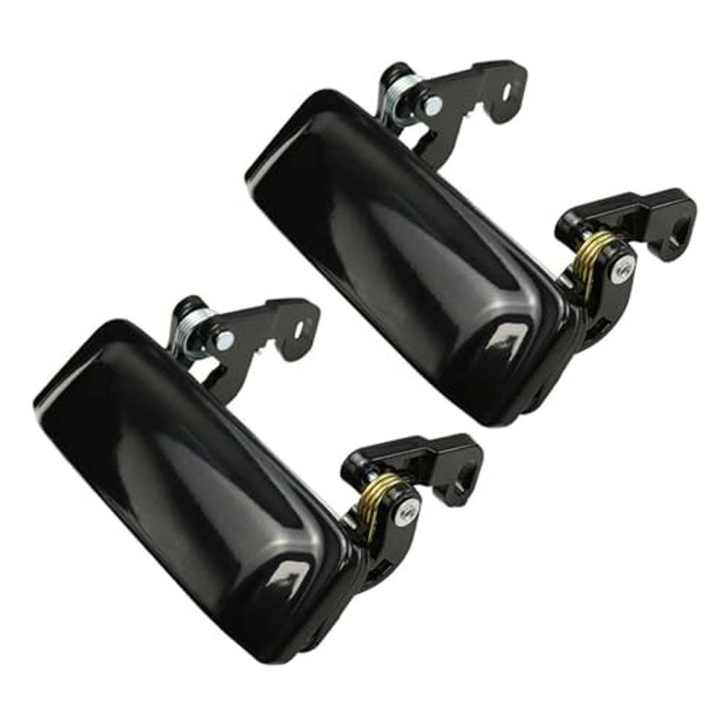 Two glossy black all-metal exterior door handles with bracket and screw hardware