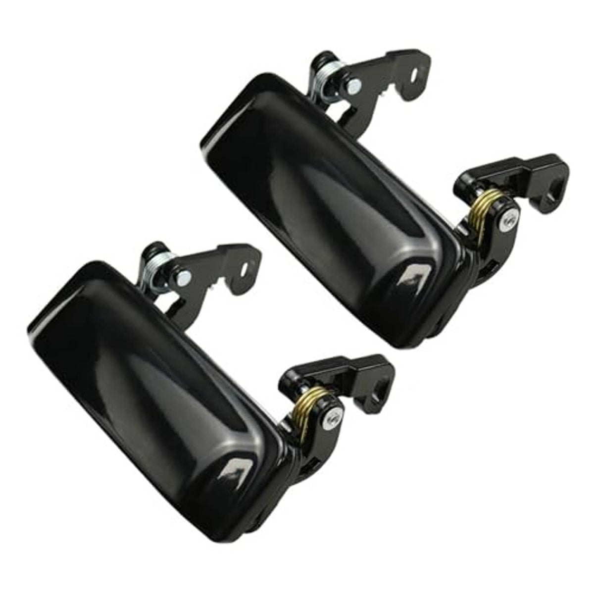 Two glossy black all-metal exterior door handles with bracket and screw hardware