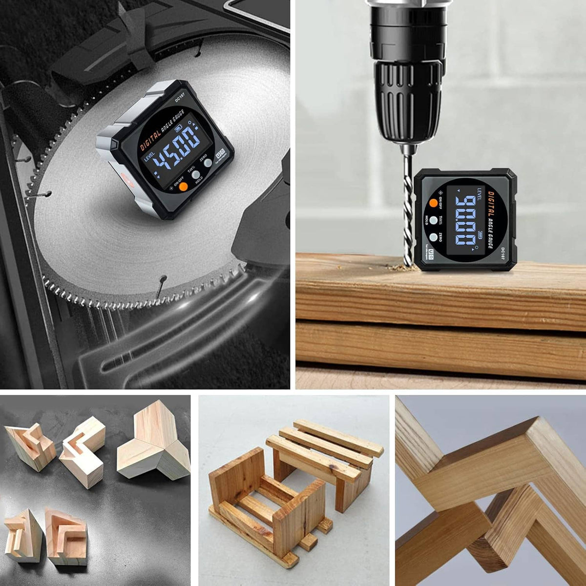 Digital angle finder gauge with LED display used on metal and wood surfaces