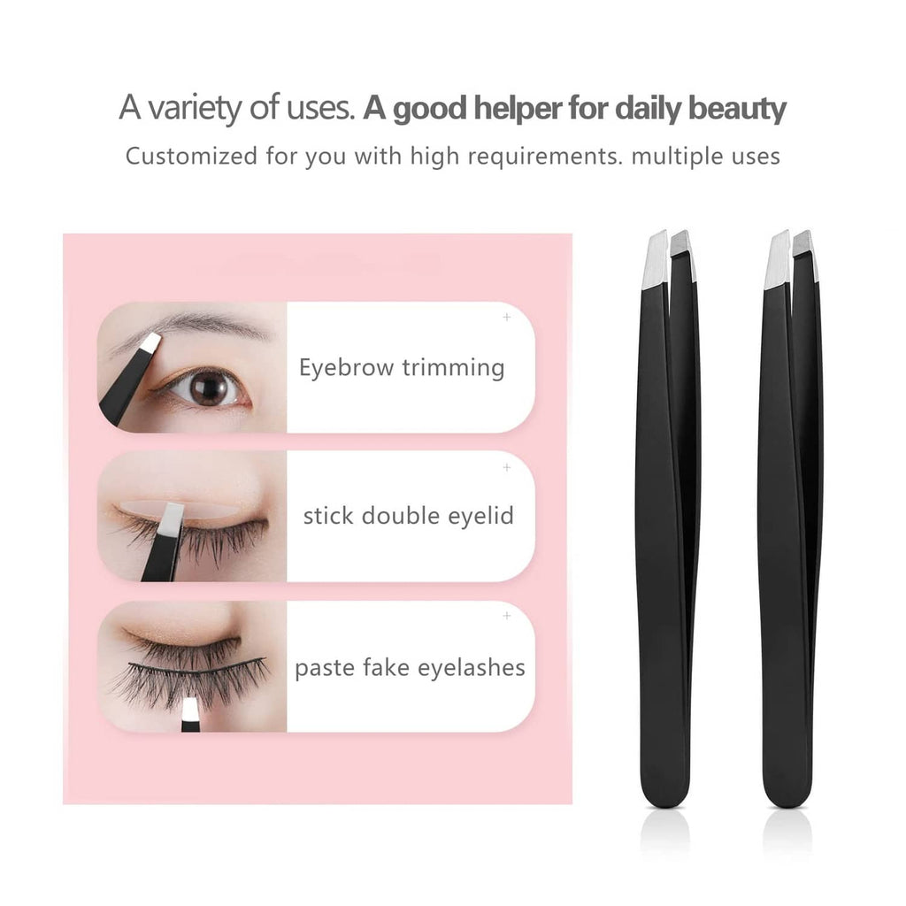 Black tweezers set with angled tips for eyebrow and eyelash styling