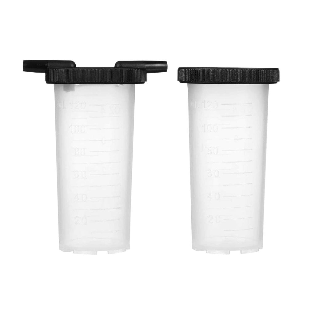 Brake fluid bleeder tool: two clear cups with black caps