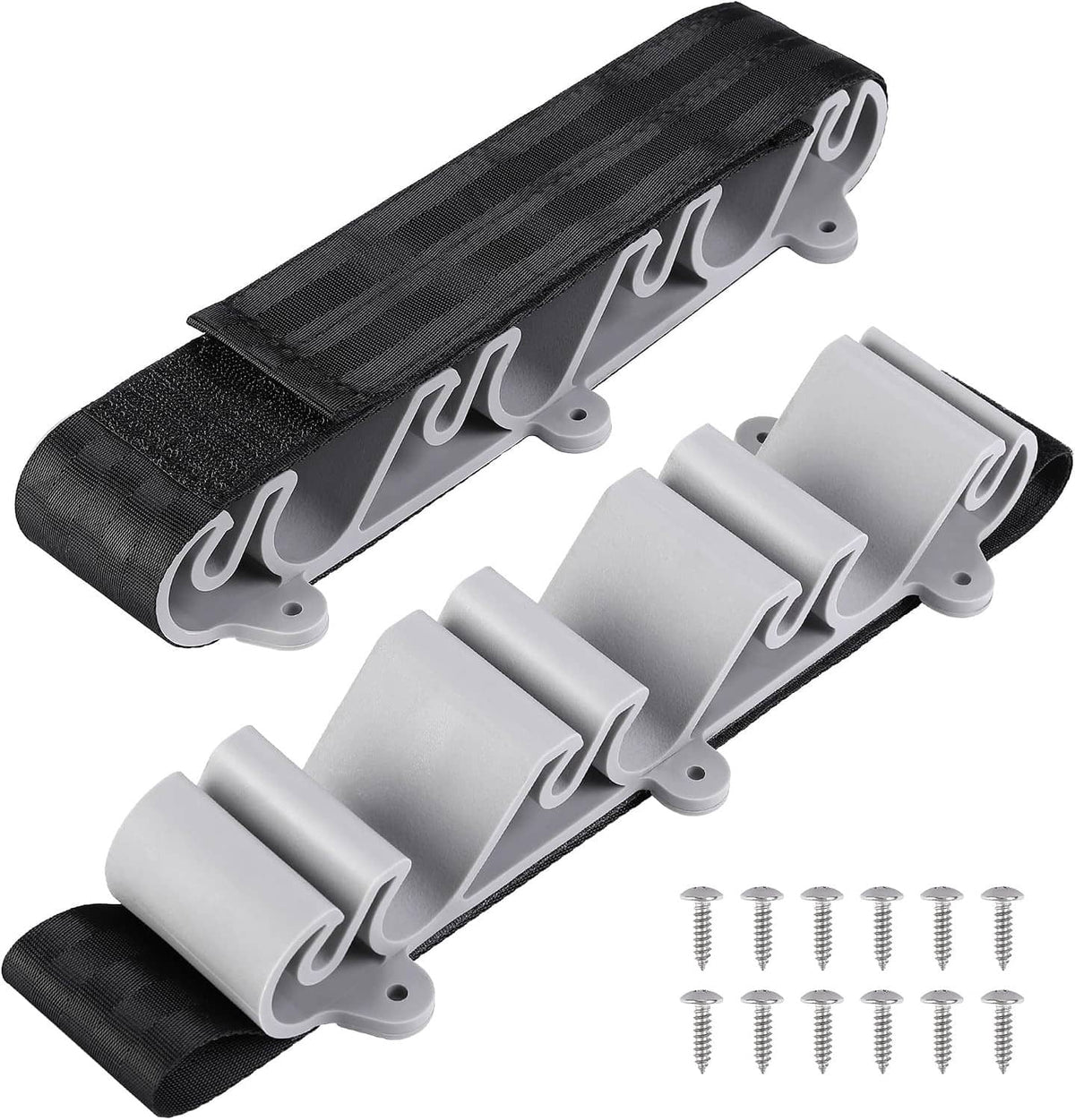 Two-piece vertical fishing rod holder kit with black strap, gray inserts, and screws