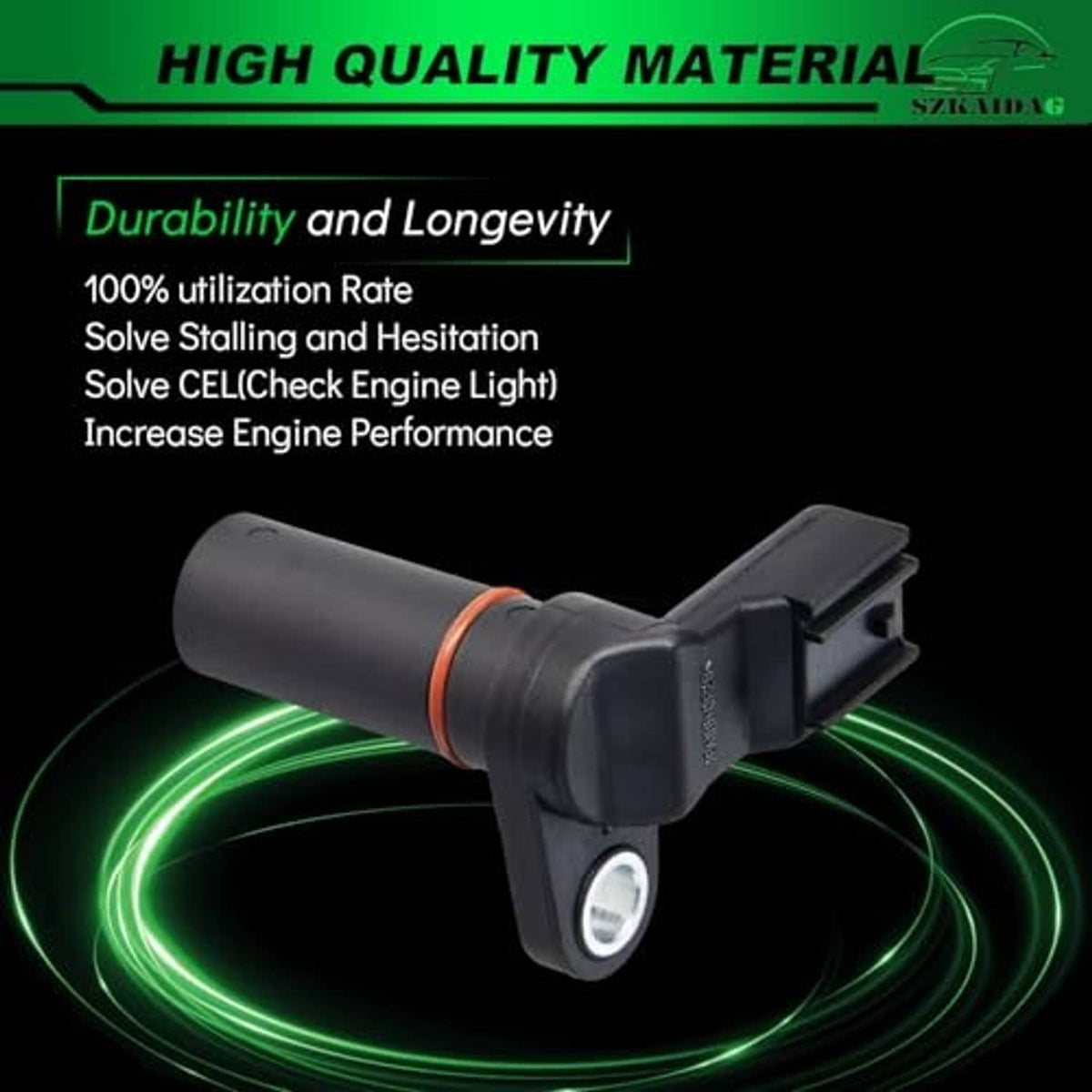 Camshaft position sensor with black connector plug, orange seal, and metal mounting bolt