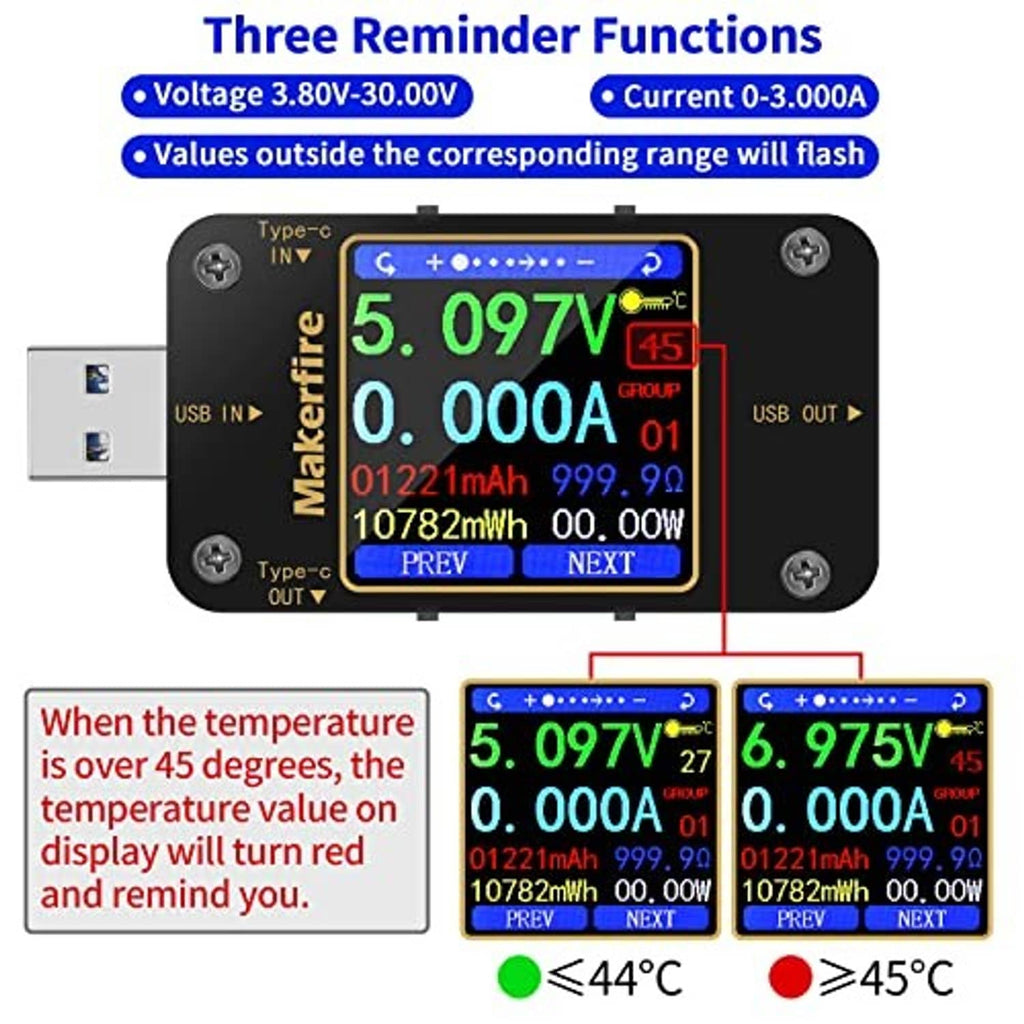 USB multimeter with color LCD and reminder indicators for voltage, current, and temperature