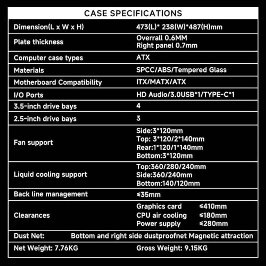 PC case specification chart with dimensions, drive bays, and fan support details
