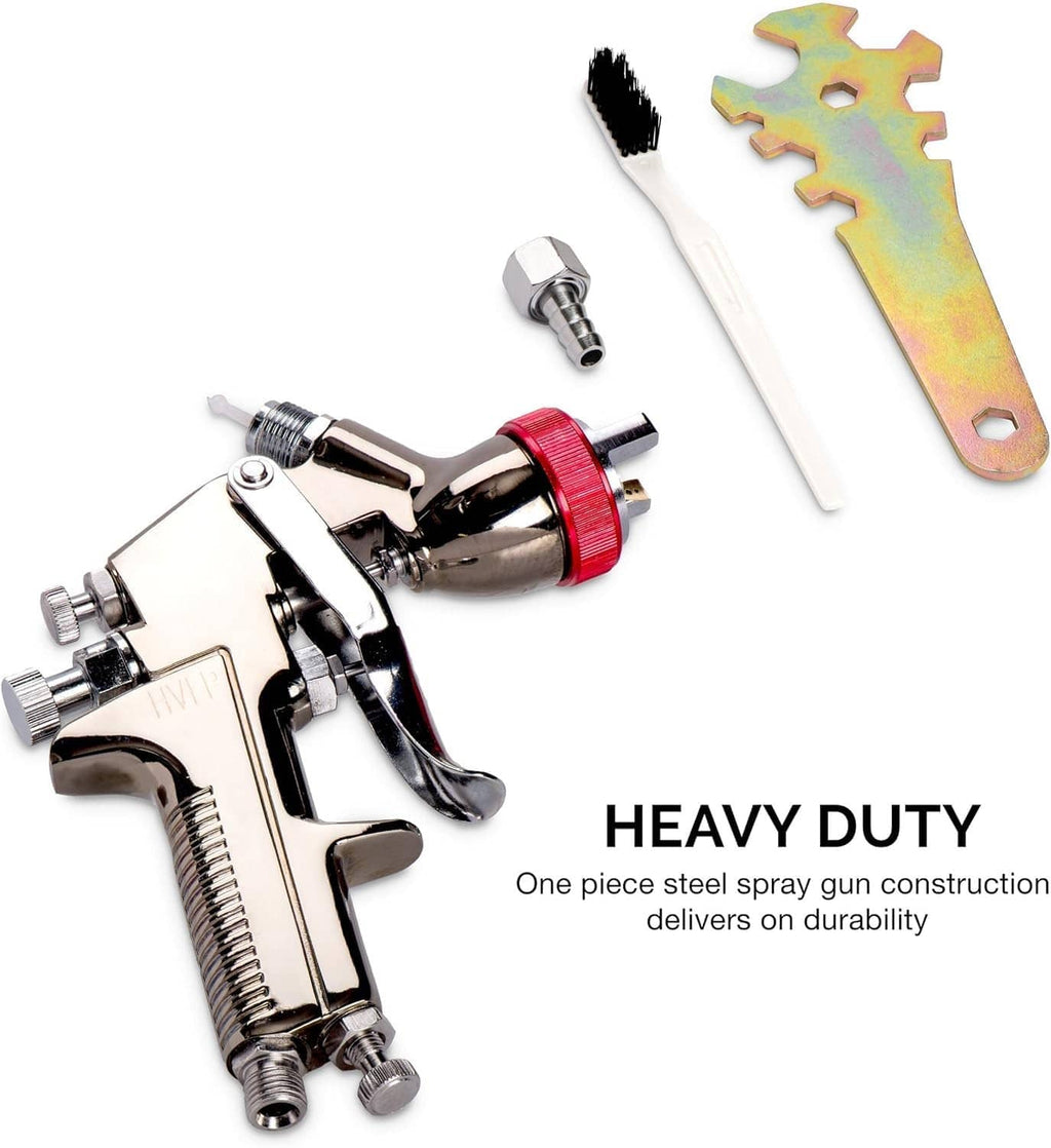 Heavy-duty air spray gun with chrome finish and red rim, with accessories