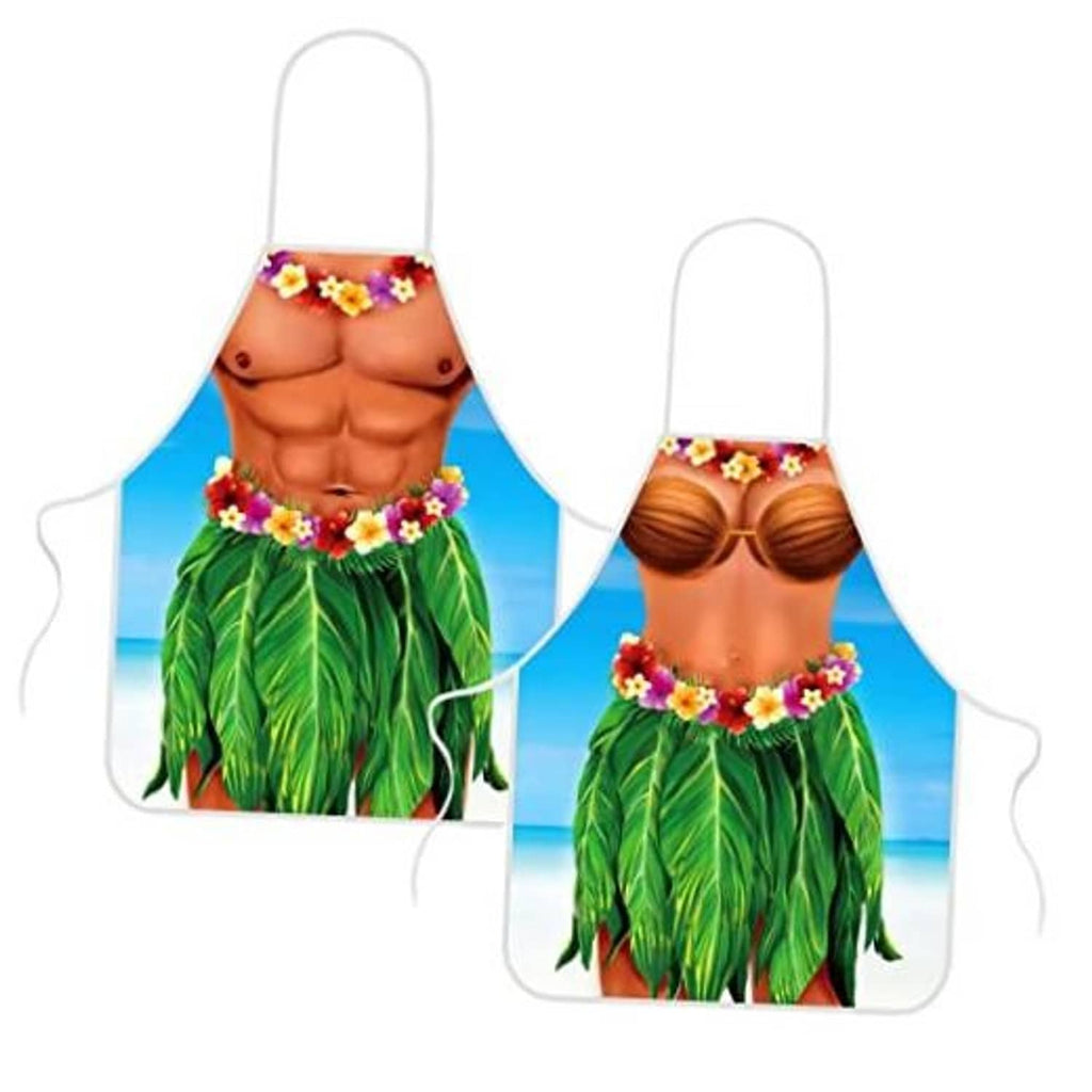 Hawaiian bikini-style apron set with purple flower lei and green leaf skirt, white ties