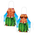 Hawaiian bikini-style apron set with purple flower lei and green leaf skirt, white ties