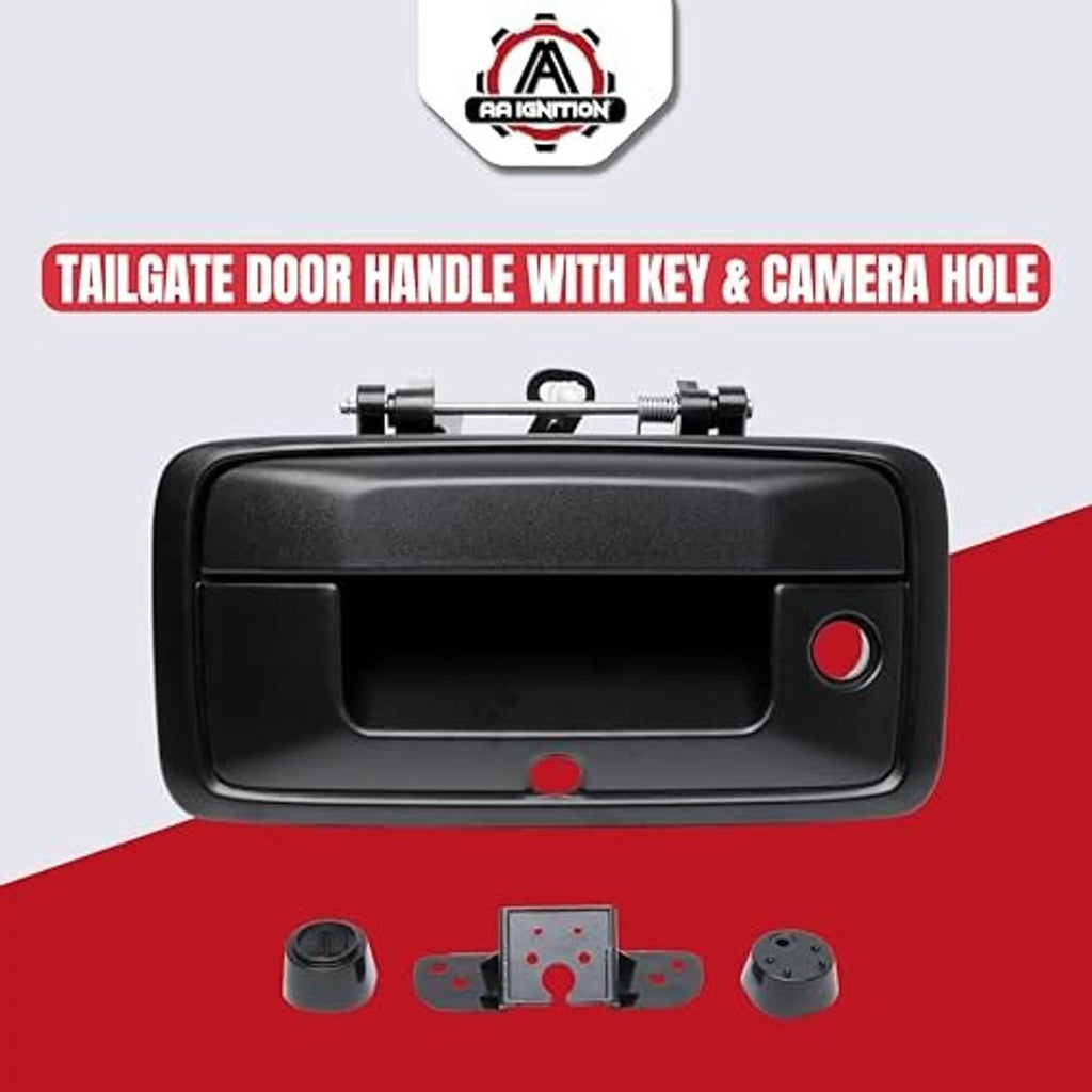 Black tailgate door handle with backup camera hole, mounting hardware visible