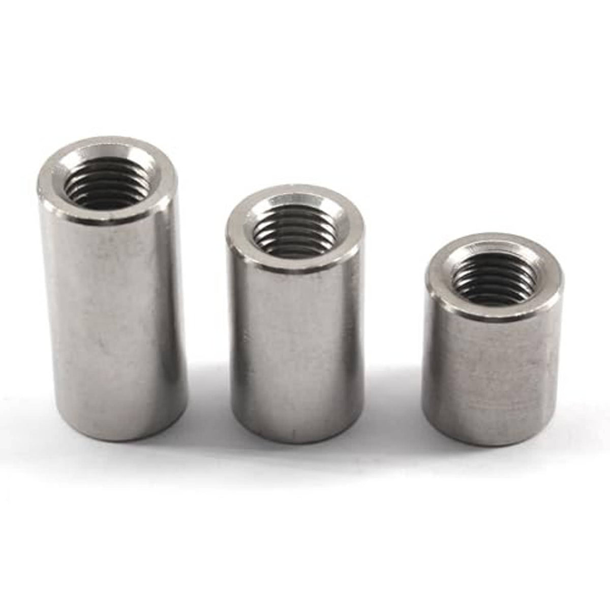 Set of three stainless steel sleeve nuts with internal threads, cylindrical