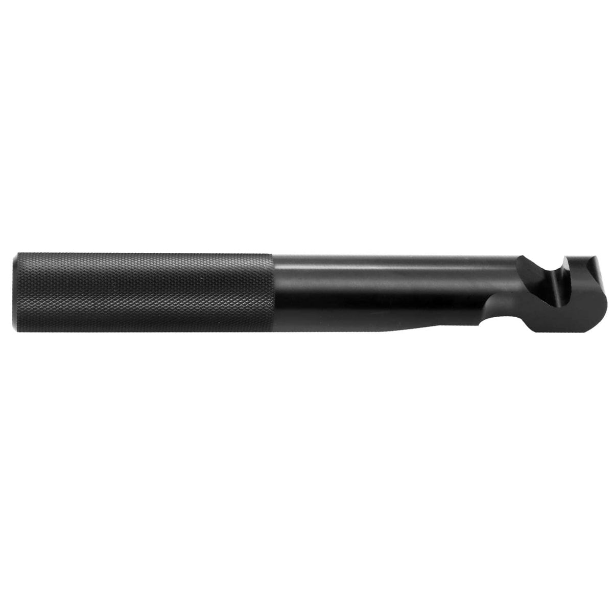 Black belt changing tool lever with textured grip and forked end