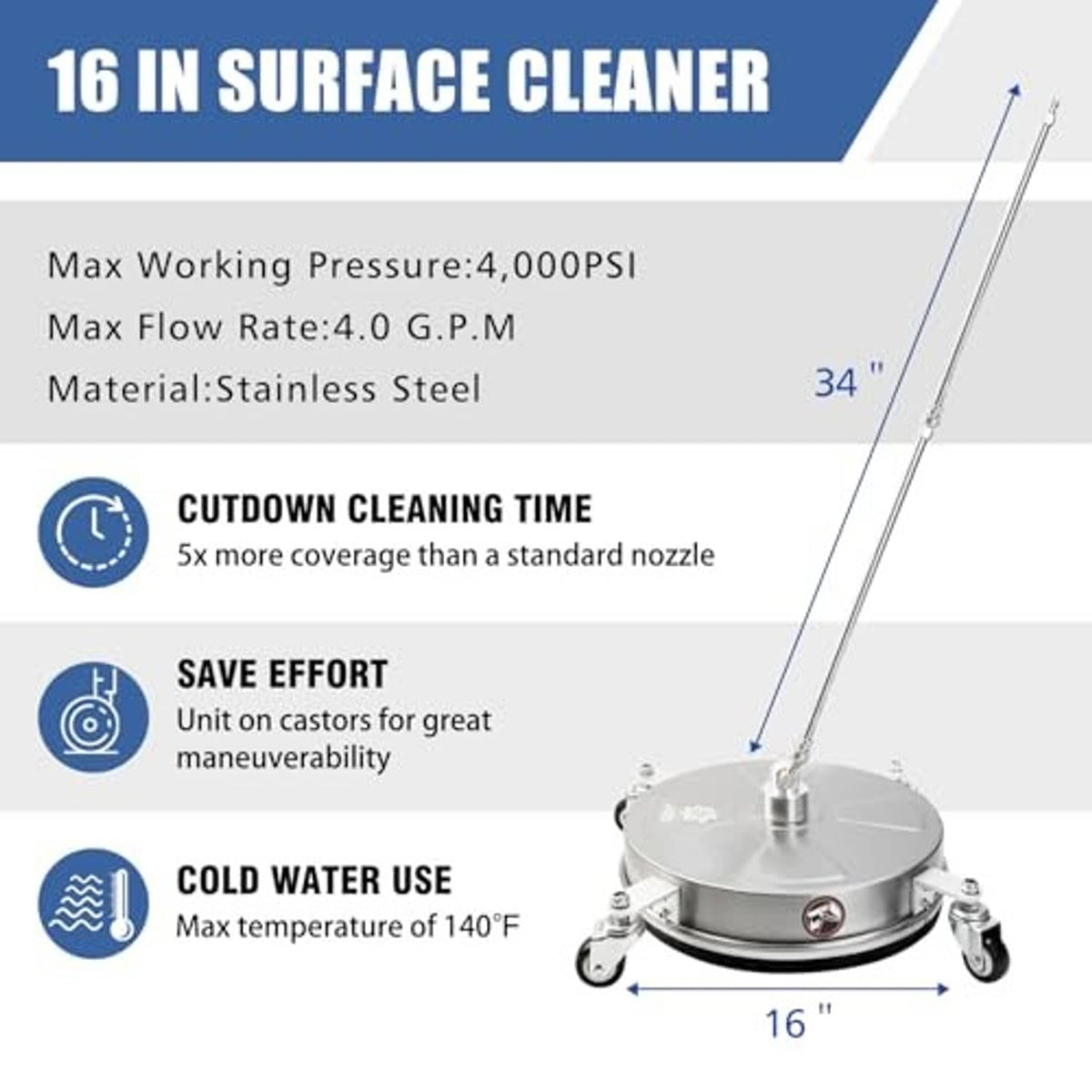 16 in stainless steel pressure washer surface cleaner head with four casters