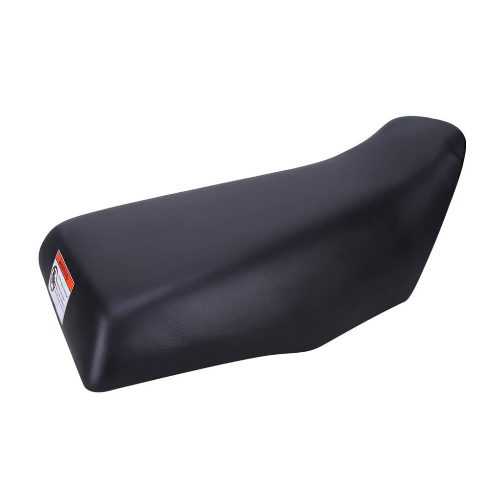 Black ATV replacement seat with smooth contoured top and side warning label