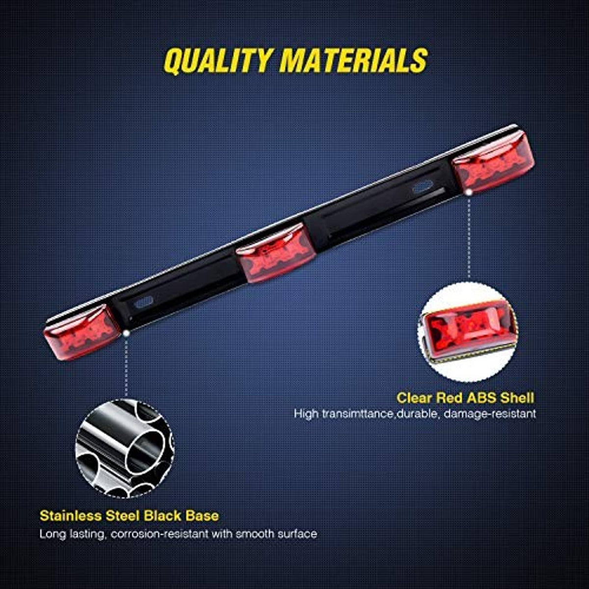 Black LED ID bar marker light with clear red ABS lens shells and stainless-steel base.